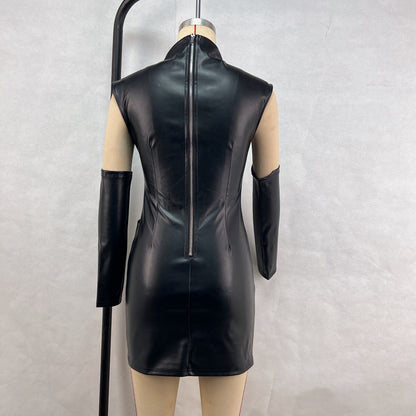 Women Clothing Street Hipster Faux Leather Stand Collar Sleeveless Oversleeve Sheath Pleated Dress by Ragazza