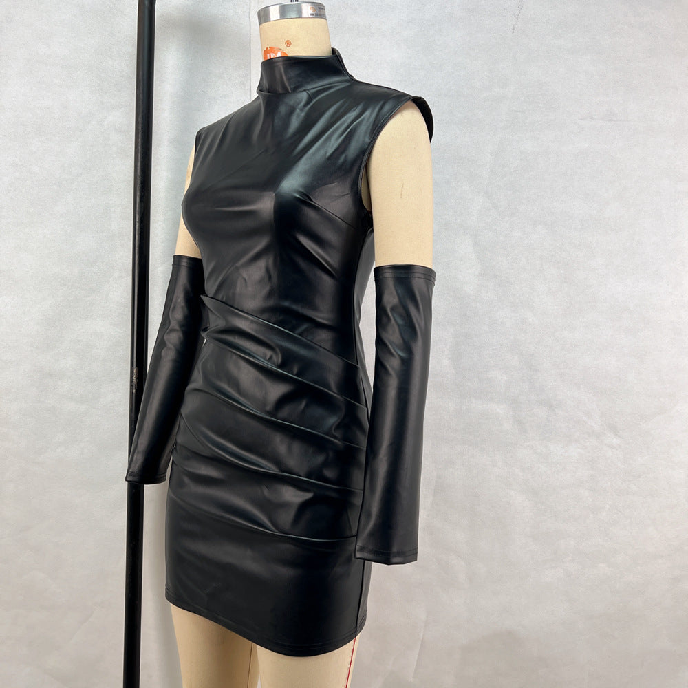 Women Clothing Street Hipster Faux Leather Stand Collar Sleeveless Oversleeve Sheath Pleated Dress by Ragazza