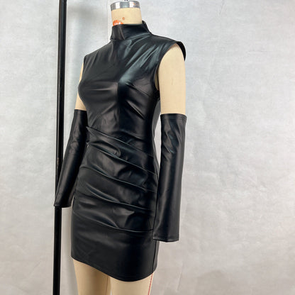 Women Clothing Street Hipster Faux Leather Stand Collar Sleeveless Oversleeve Sheath Pleated Dress by Ragazza