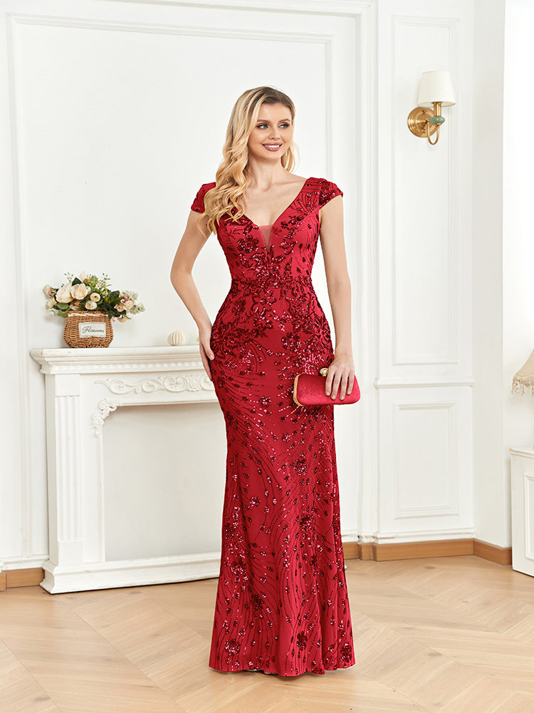 Sequined Champagne Evening Dress Women Cocktail Sexy Slim Fit Fishtail Long Toast Dress by Ragazza