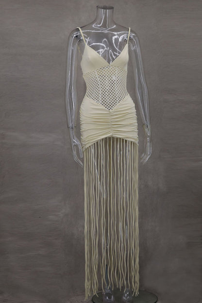 Spring Summer Suspenders Mesh Cropped Outfit Sexy Ruffle Hip Tassel Dress by Ragazza