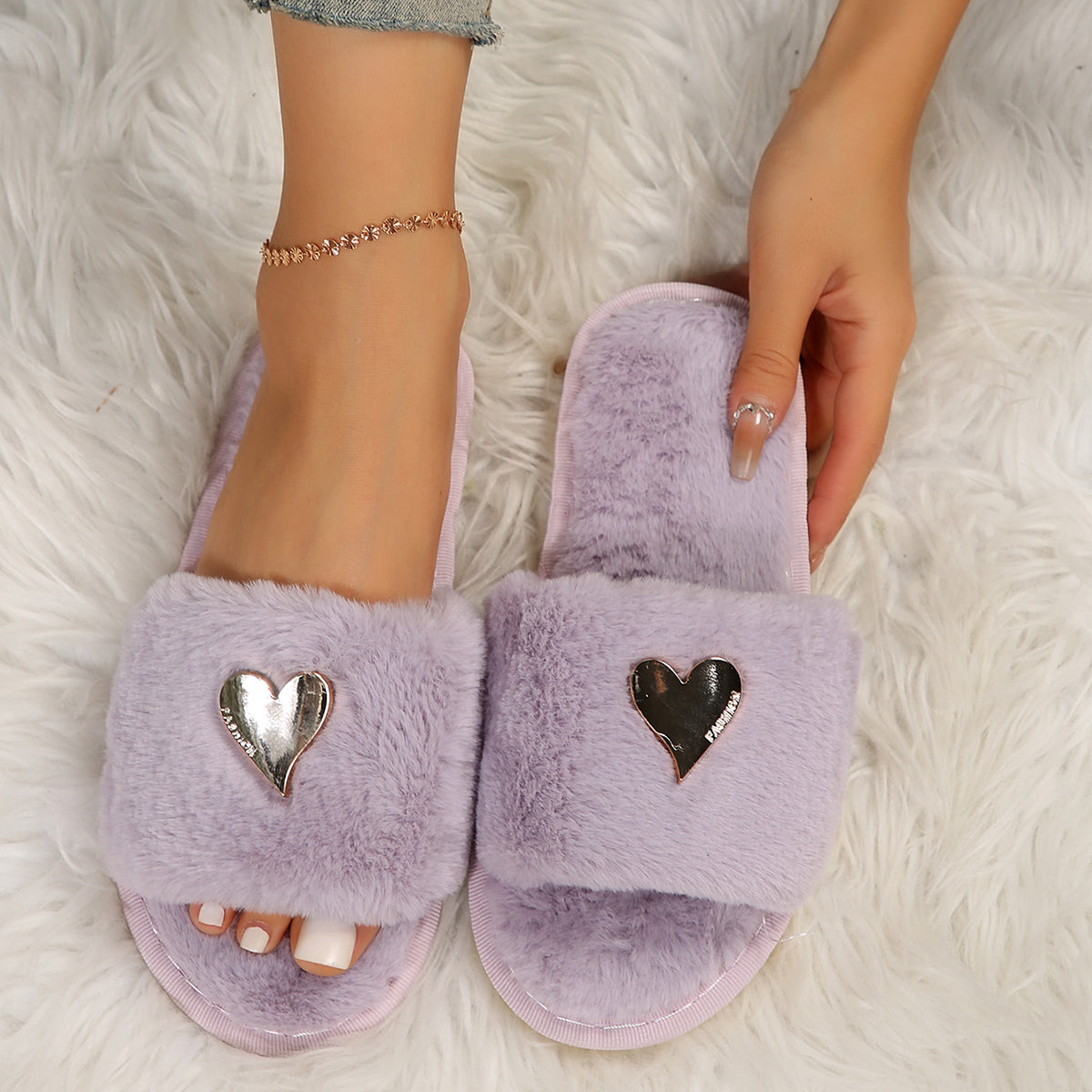 Fluffy Slippers Heart-Shaped Flat Slippers Women Home Casual Anti Rabbit Fur Cotton Slippers Women  DestGlow