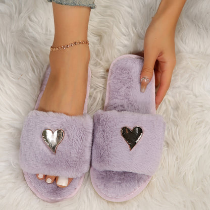 Fluffy Slippers Heart-Shaped Flat Slippers Women Home Casual Anti Rabbit Fur Cotton Slippers Women  DestGlow