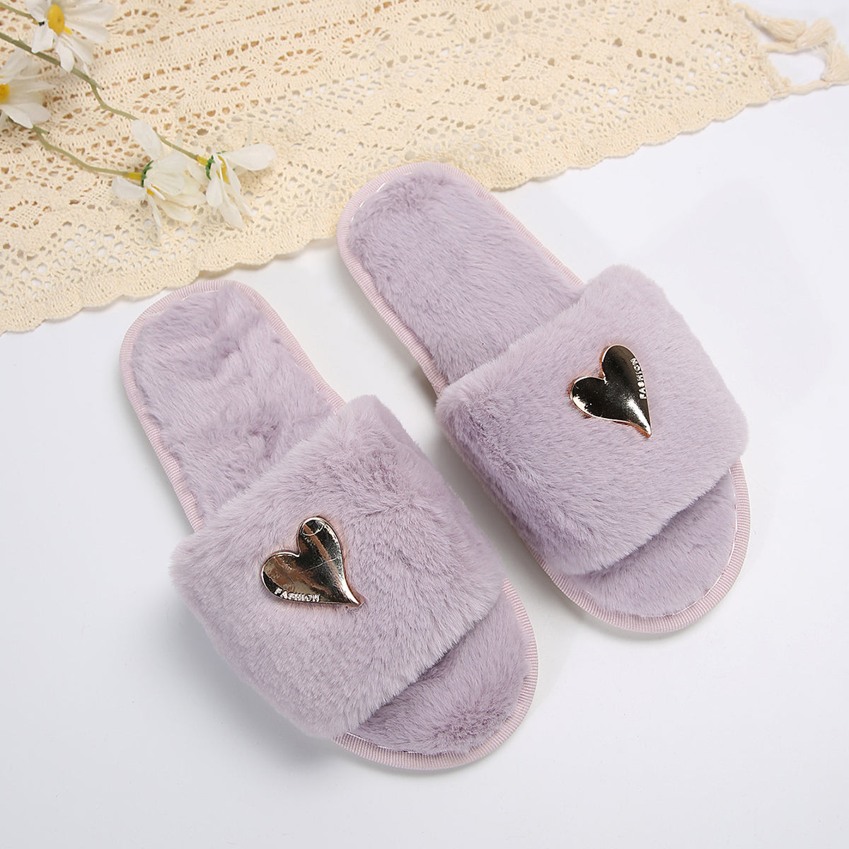 Fluffy Slippers Heart-Shaped Flat Slippers Women Home Casual Anti Rabbit Fur Cotton Slippers Women  DestGlow