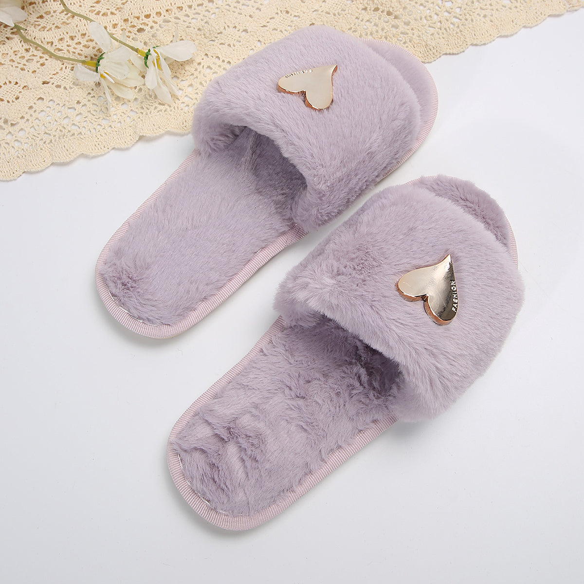 Fluffy Slippers Heart-Shaped Flat Slippers Women Home Casual Anti Rabbit Fur Cotton Slippers Women  DestGlow