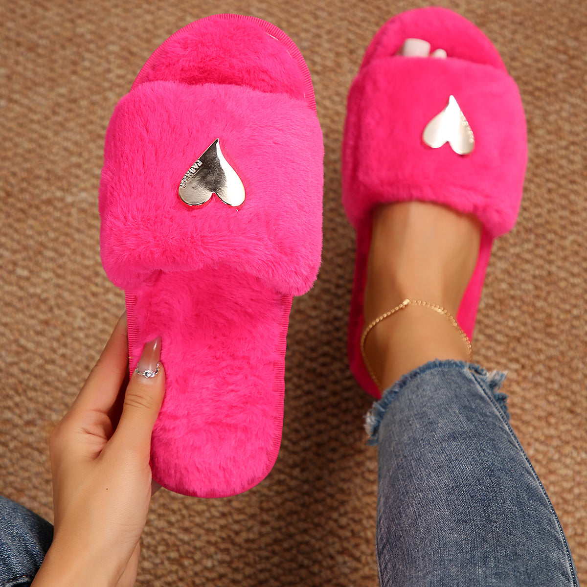 Fluffy Slippers Heart-Shaped Flat Slippers Women Home Casual Anti Rabbit Fur Cotton Slippers Women  DestGlow