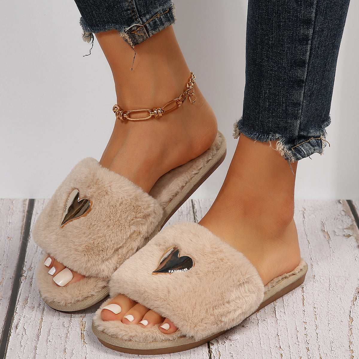 Fluffy Slippers Heart-Shaped Flat Slippers Women Home Casual Anti Rabbit Fur Cotton Slippers Women  DestGlow