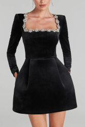 Women Spring Clothing Elegant Square Collar Diamond Inlaid Short Velvet Dress by Ragazza