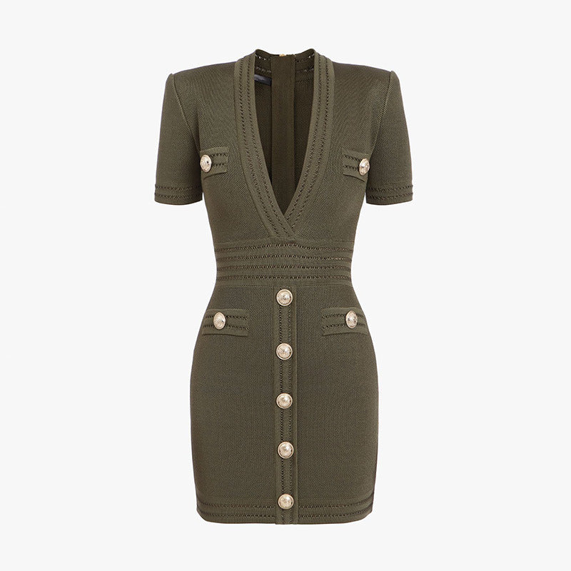 Spring Knitted Short Sleeved V neck Dress Sheath Army Green Black Texture  DestGlow