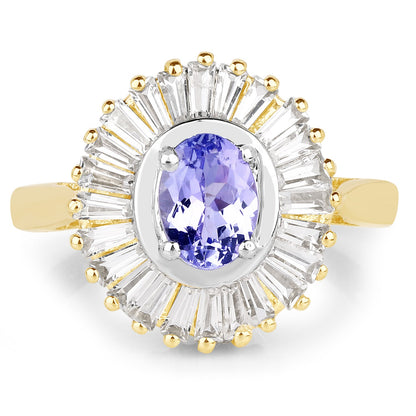 14K Yellow Gold Plated 2.16 Carat Genuine Tanzanite &amp; White Topaz .925 Sterling Silver Ring by Bids.com