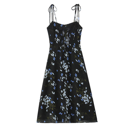 Spring French Vintage Floral Printed High Waist Sexy Side Split Hem Sling Dress by Ragazza