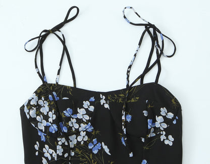Spring French Vintage Floral Printed High Waist Sexy Side Split Hem Sling Dress by Ragazza