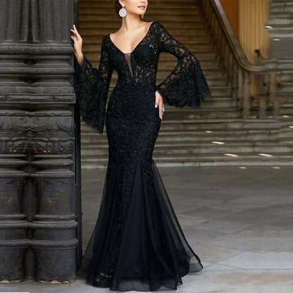 Arrival Women Clothing Dress Lace Embroidered Fishtail Black Slim Fit Evening Dress by Ragazza