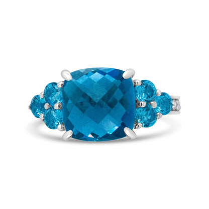 18K White Gold 10mm Cushion Shaped Blue Topaz and 1/6 Cttw Diamond 3 Stone Style Ring (F-G Color, VS1-VS2 Clarity) - Ring Size 6.5 by Bids.com