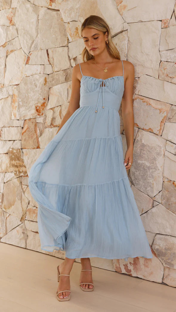 Women Clothing Sleeveless Splicing Sling Long Backless Lace up Large Swing Dress by Ragazza