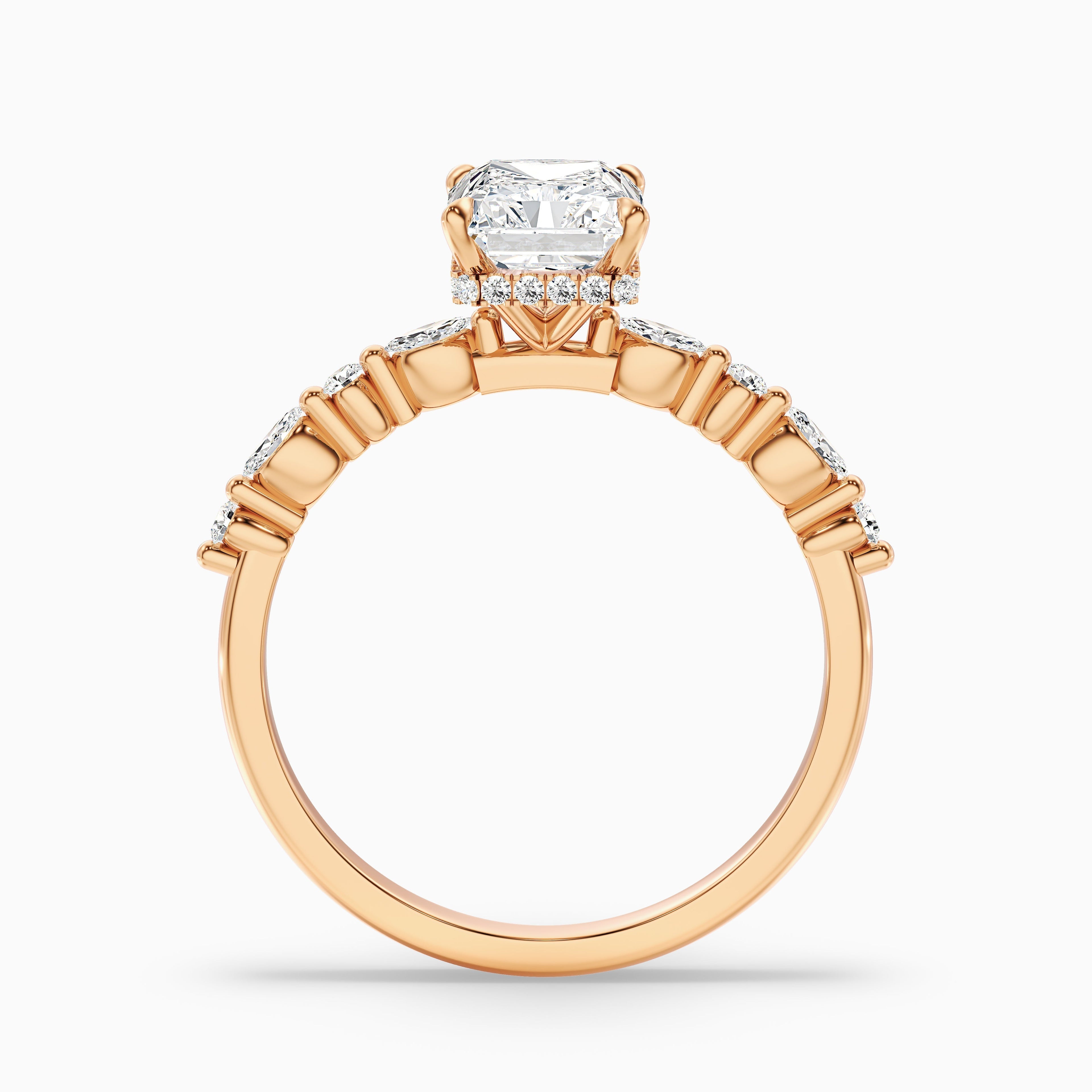 Erica 4 Carat Radiant With Side Stones and Hidden Halo Moissanite Engagement Ring in 925 Sterling Silver