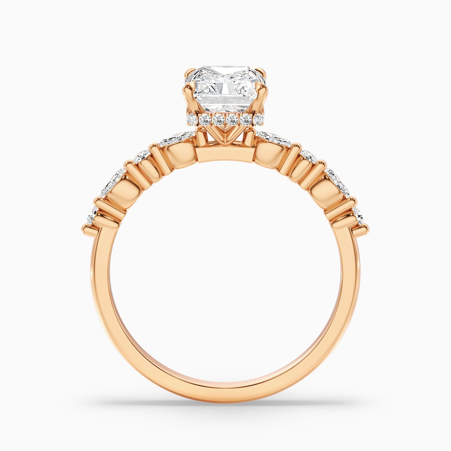 Erica 2 Carat Radiant With Side Stones and Hidden Halo Moissanite Engagement Ring in 925 Sterling Silver