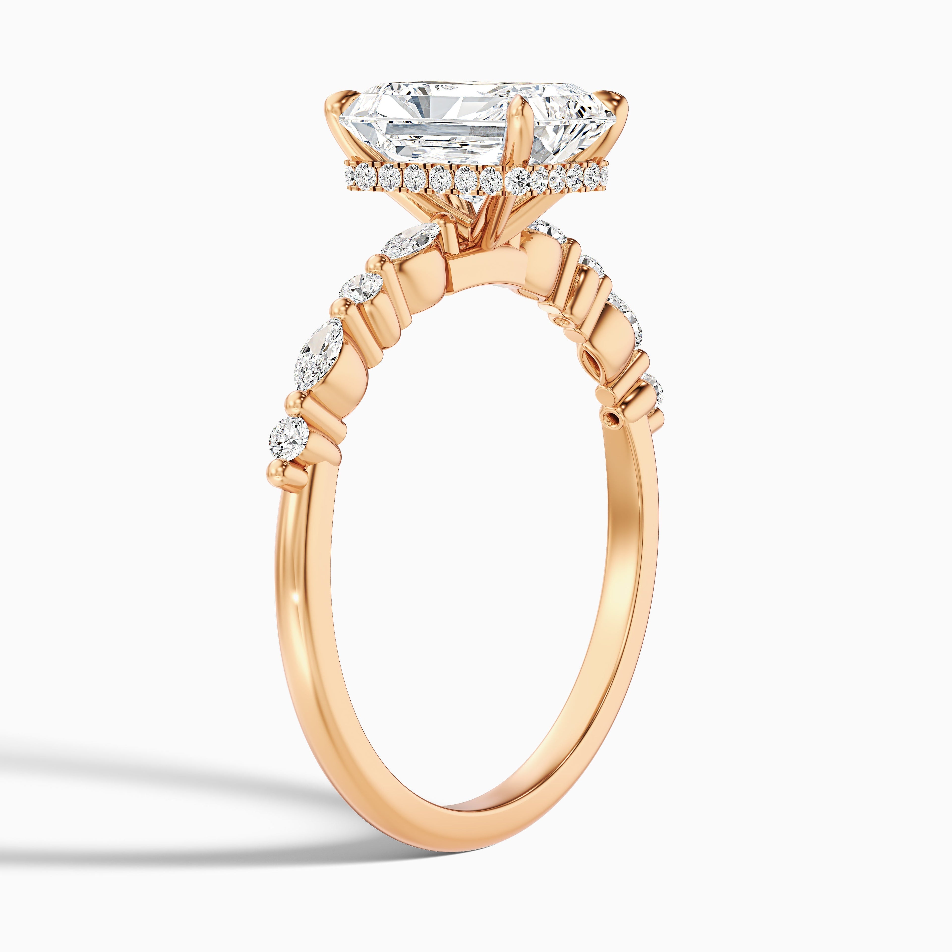 Erica 3.5 Carat Radiant With Side Stones and Hidden Halo Moissanite Engagement Ring in 18k White Gold  DestGlow