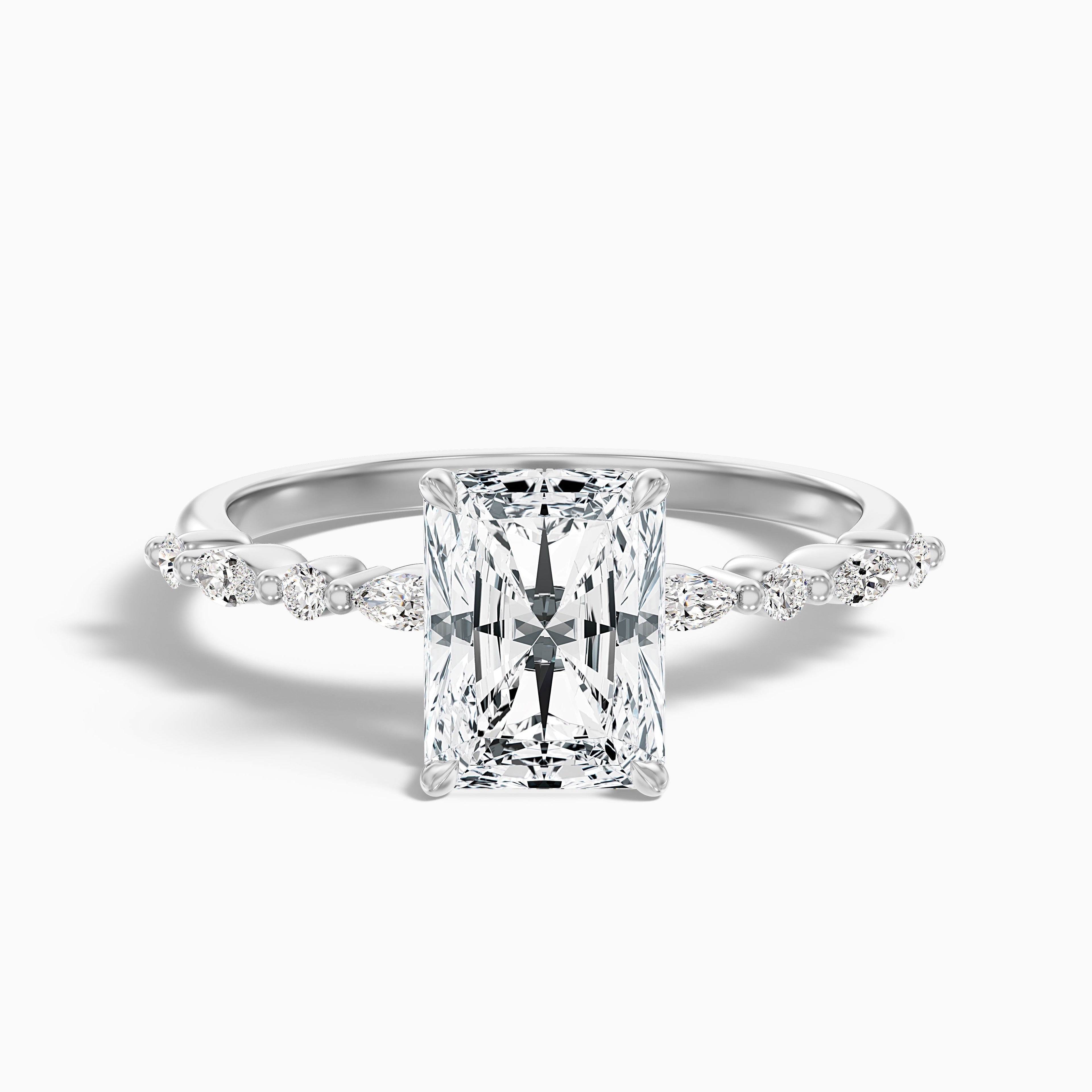 Erica 4 Carat Radiant With Side Stones and Hidden Halo Moissanite Engagement Ring in Platinum  DestGlow