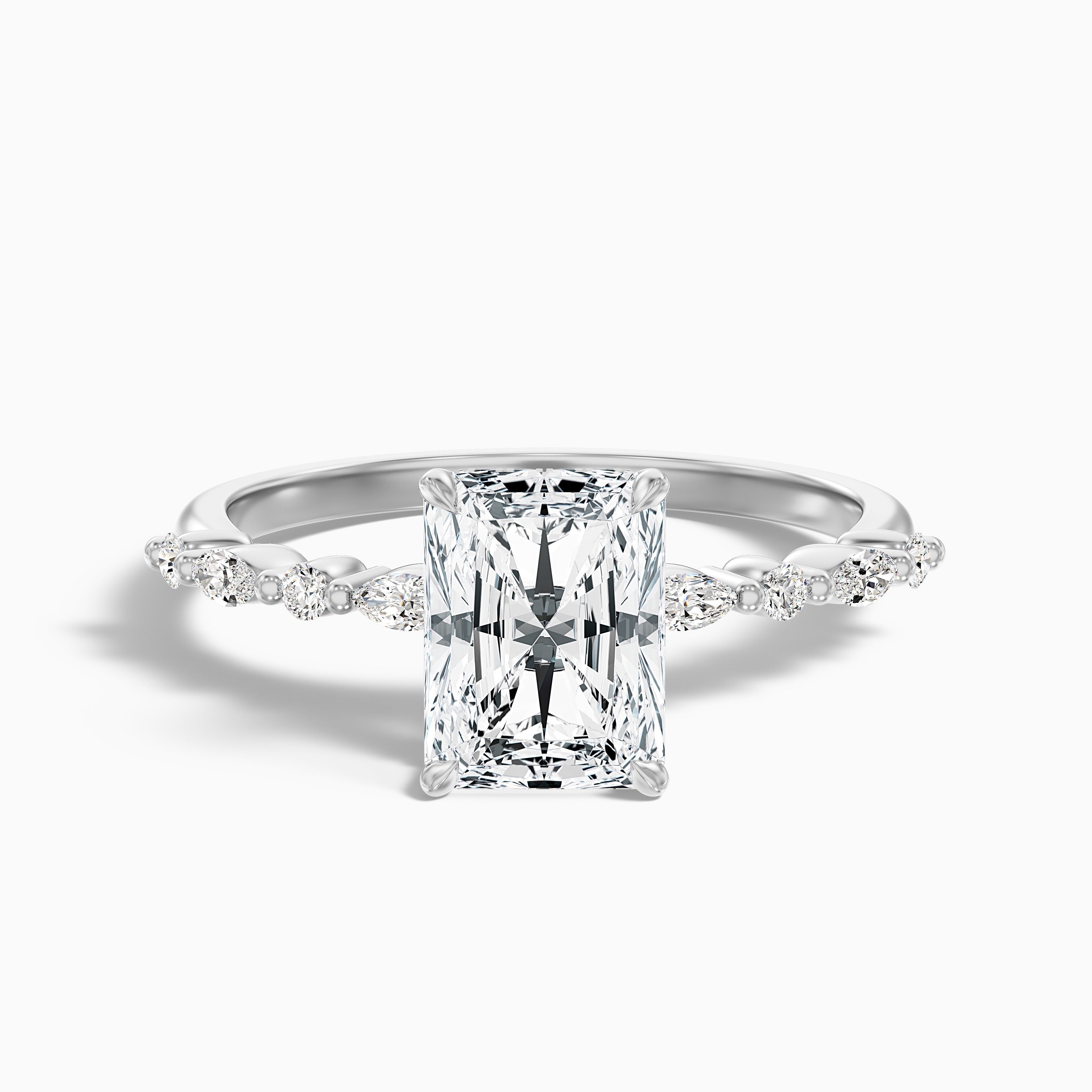 Erica 4.5 Carat Radiant With Side Stones and Hidden Halo Moissanite Engagement Ring in 925 Sterling Silver