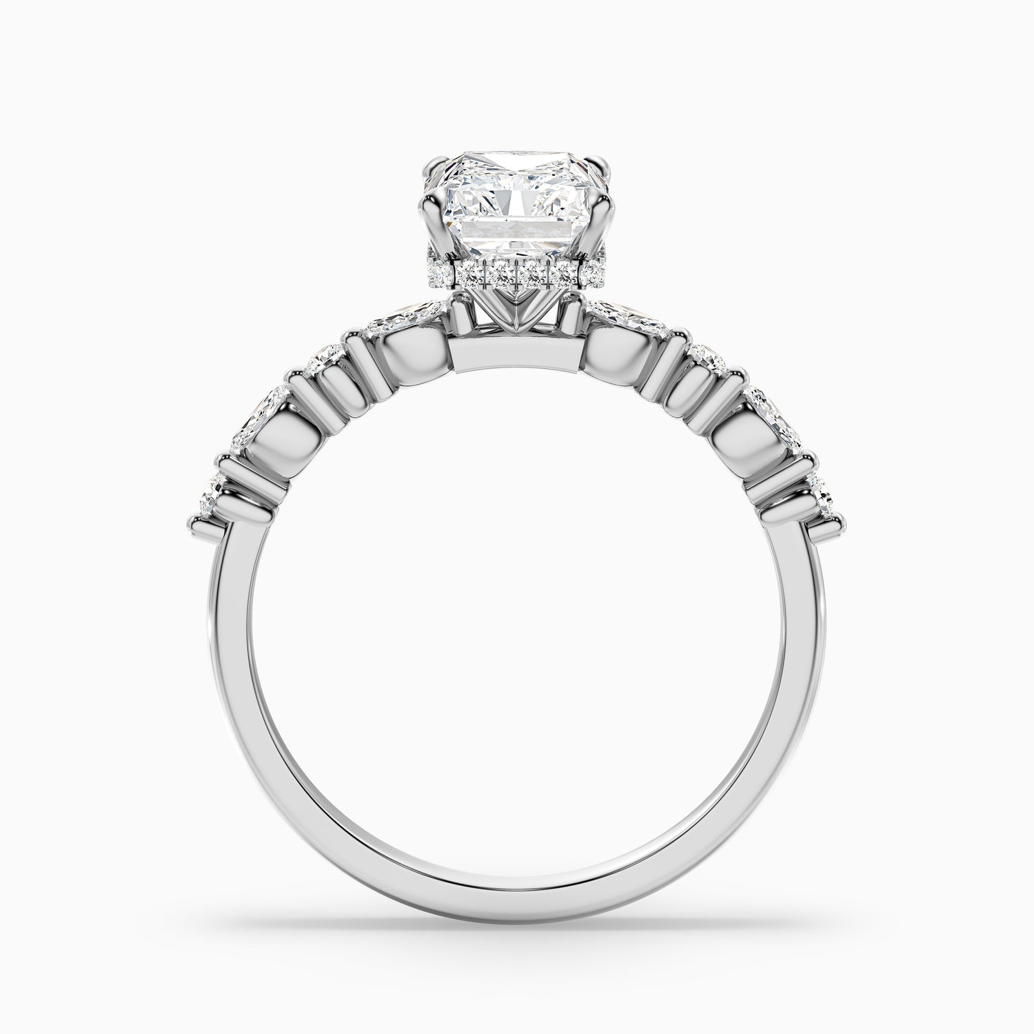 Erica 2 Carat Radiant With Side Stones and Hidden Halo Moissanite Engagement Ring in 925 Sterling Silver