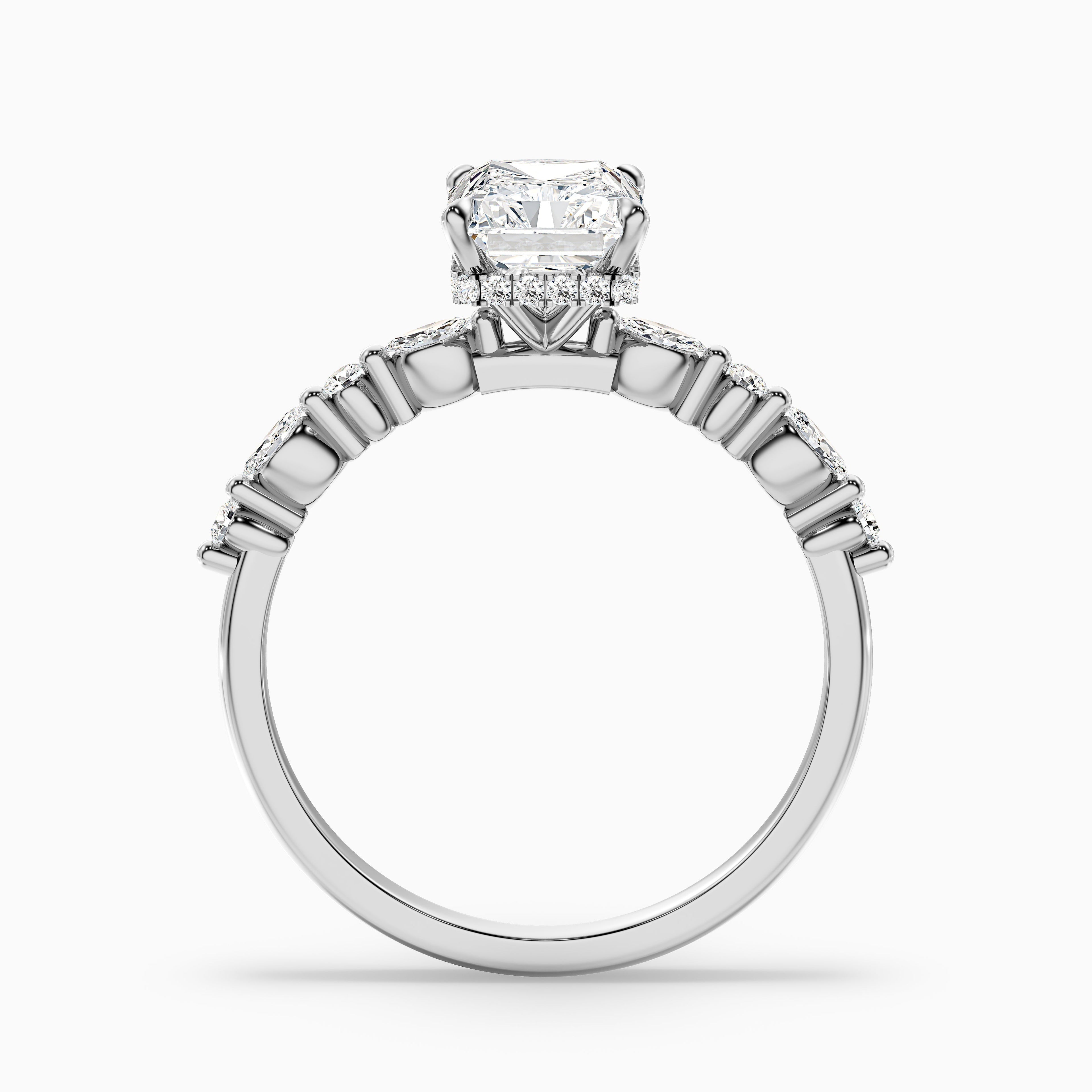 Erica 3 Carat Radiant With Side Stones and Hidden Halo Moissanite Engagement Ring in 925 Sterling Silver