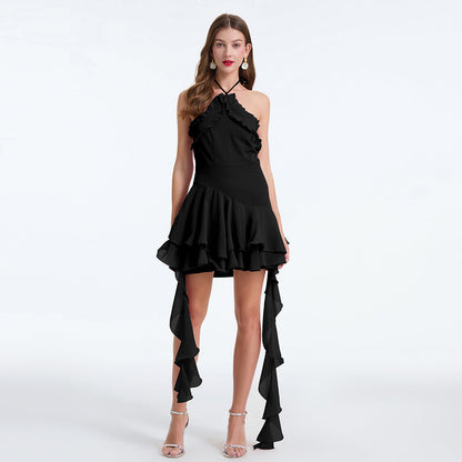 Women Summer Asymmetrical Design Patchwork Chiffon Slim Waist And Neck Dress by Ragazza