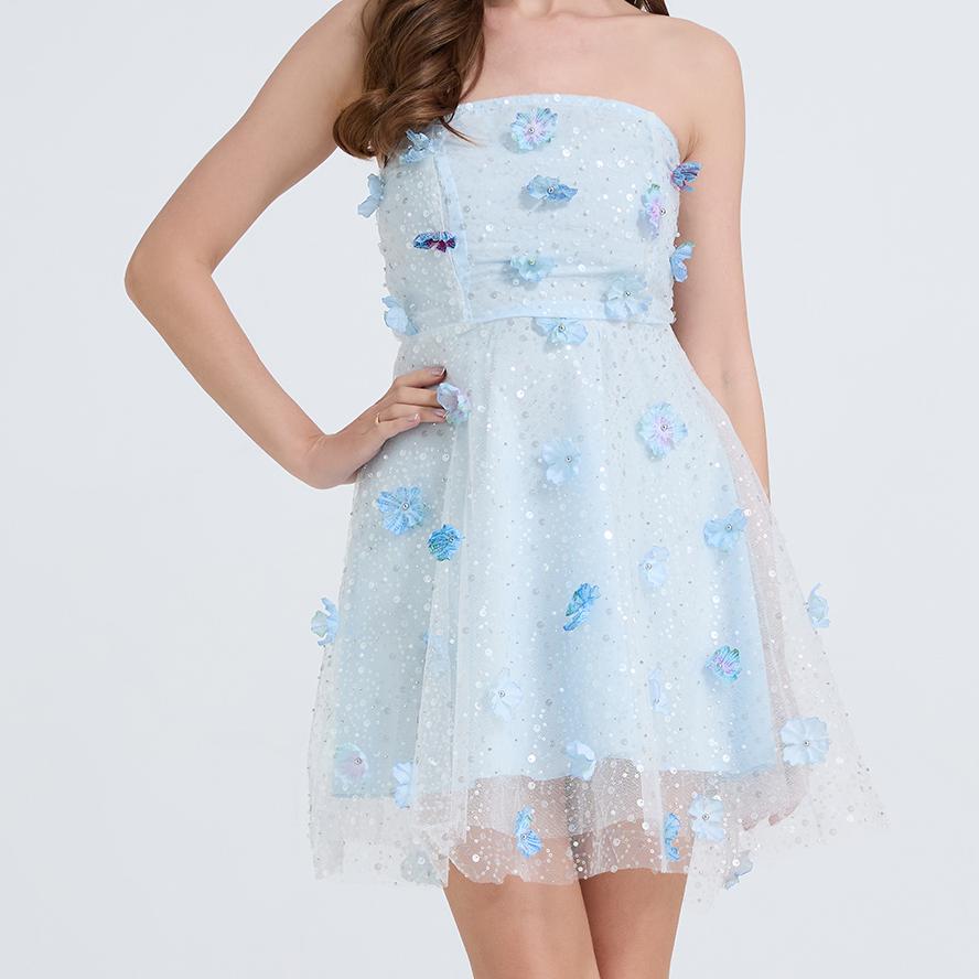 Women Embroidery Bead Studded Three Dimensional Flower High Waist Dress Yarn Shag Dress by Ragazza
