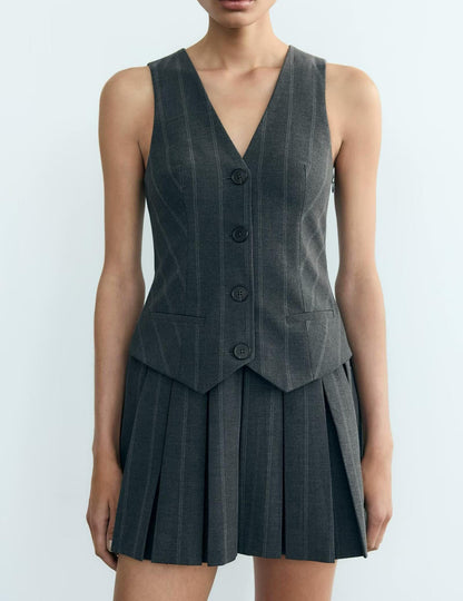 Women Wide Pleated Striped Vest Short Dress by Ragazza