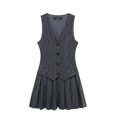 Women Wide Pleated Striped Vest Short Dress by Ragazza