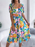Spring Summer Casual Floral Square Collar Short Sleeve Waist Trimming Ruffles A line Dress Women Clothing by Ragazza