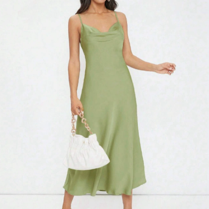 Women Clothing Spring Summer Satin Sling Deep V Plunge neck Slim Solid Color Dress by Ragazza