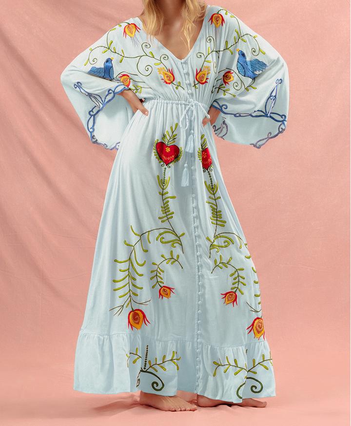 Women Vintage Dress With Bohemian Floral Embroidery by Ragazza