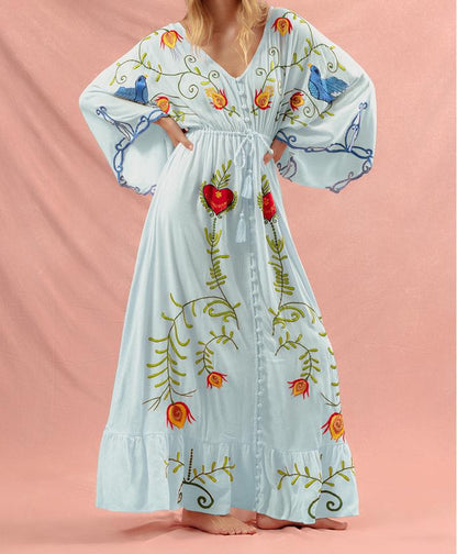Women Vintage Dress With Bohemian Floral Embroidery by Ragazza
