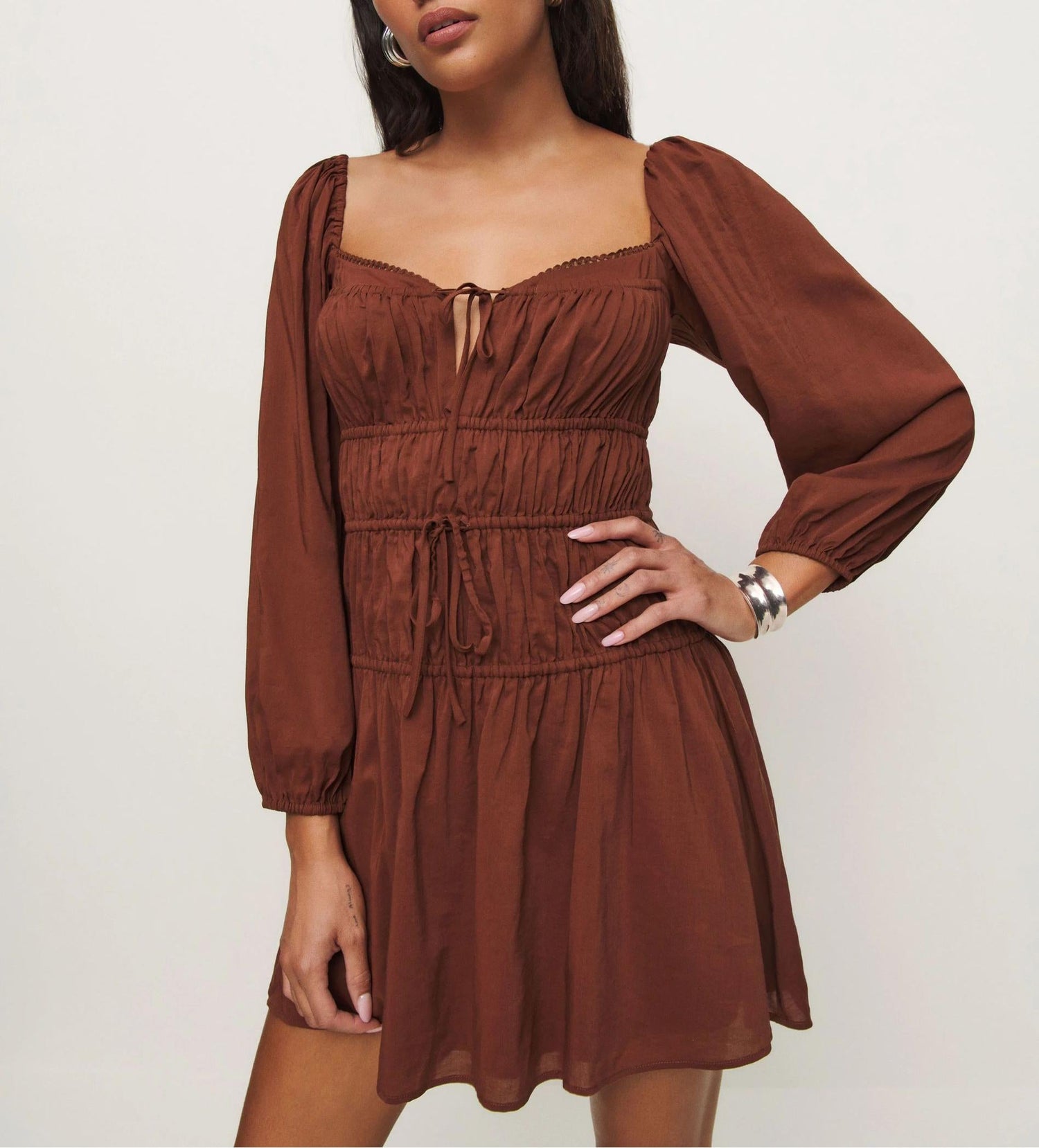Square Collar Lace Elastic Pleated Waist Tight Ninth Sleeve Spring Slim Fitting Dress by Ragazza