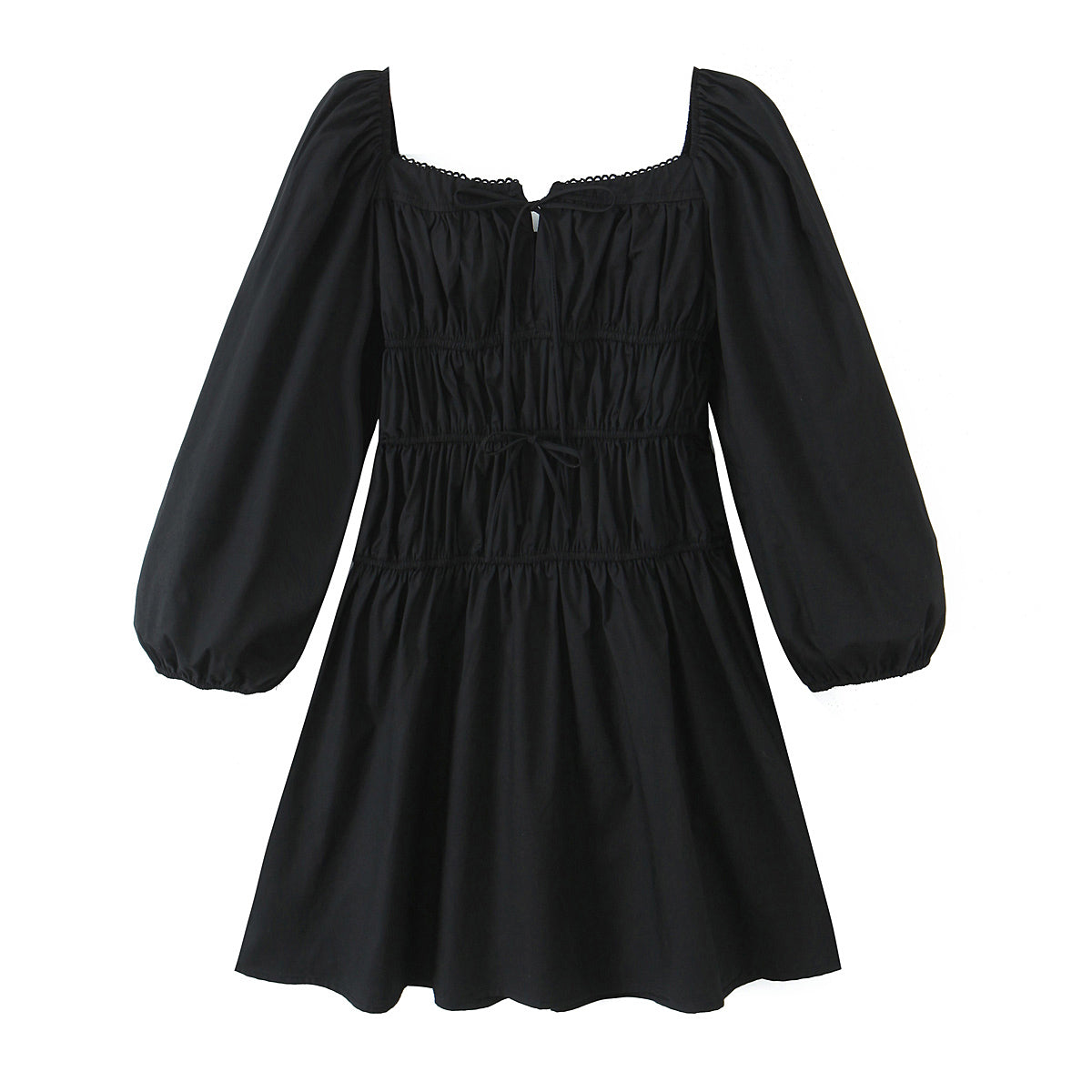 Square Collar Lace Elastic Pleated Waist Tight Ninth Sleeve Spring Slim Fitting Dress by Ragazza