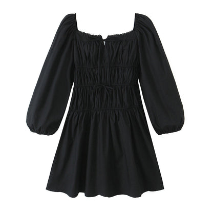 Square Collar Lace Elastic Pleated Waist Tight Ninth Sleeve Spring Slim Fitting Dress by Ragazza