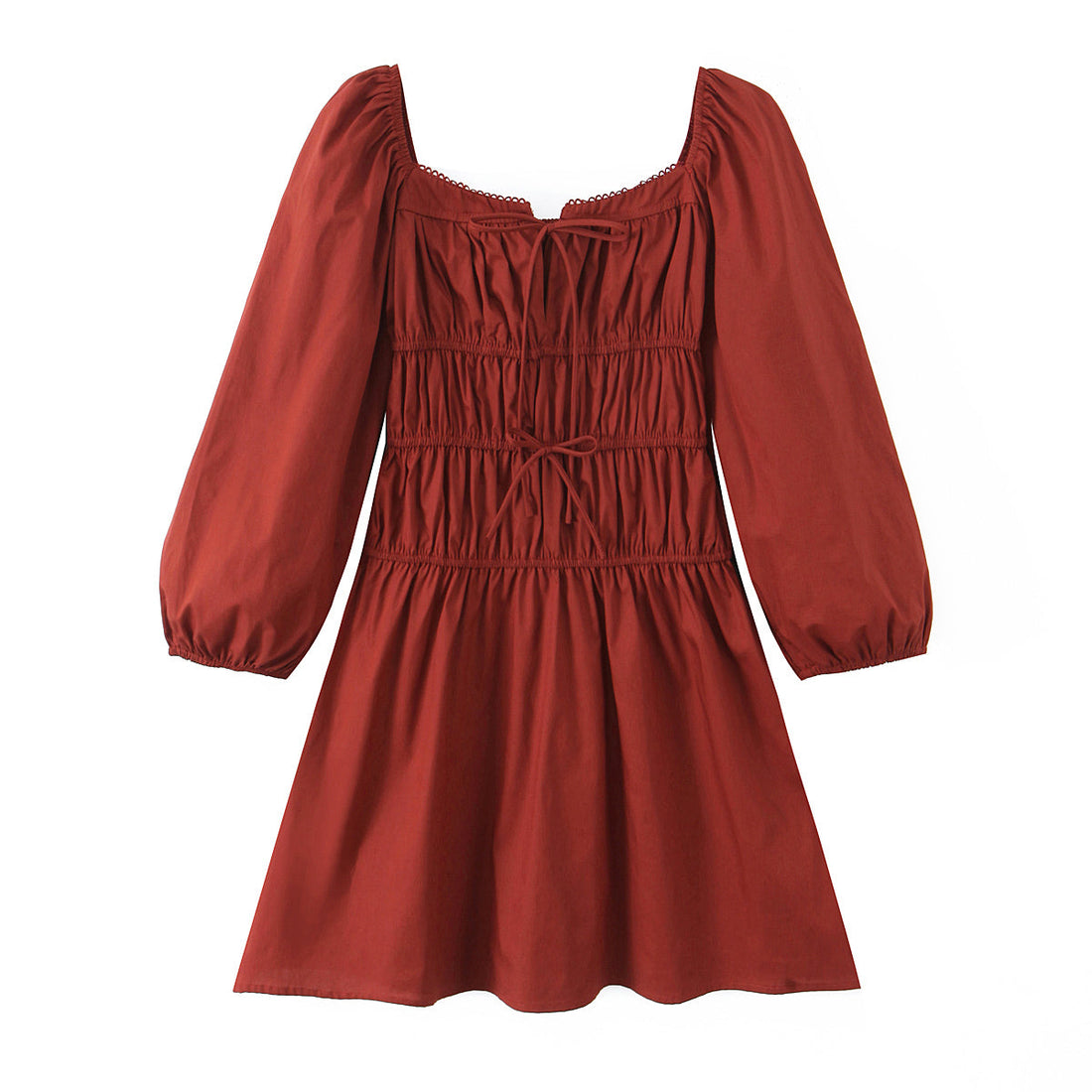 Square Collar Lace Elastic Pleated Waist Tight Ninth Sleeve Spring Slim Fitting Dress by Ragazza