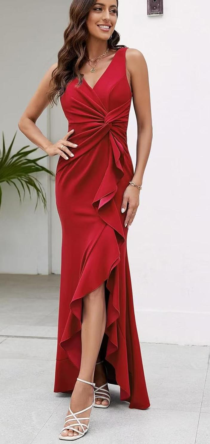 V neck Sleeveless Slim Fit Elegant Ruffled Split Long Evening Dress by Ragazza