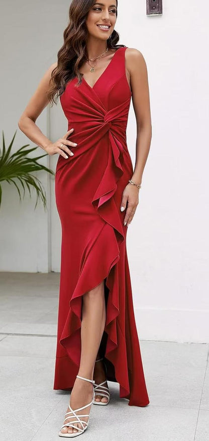 V neck Sleeveless Slim Fit Elegant Ruffled Split Long Evening Dress by Ragazza