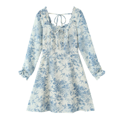 Spring Bird Floral Print Small Square Collar Backless Lace up Long Sleeve Dress by Ragazza
