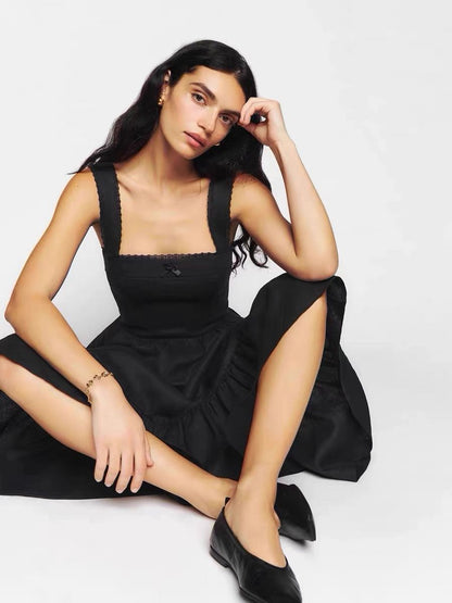 Spring Solid Color Square Collar Bow Embellished Lace Strap Dress by Ragazza
