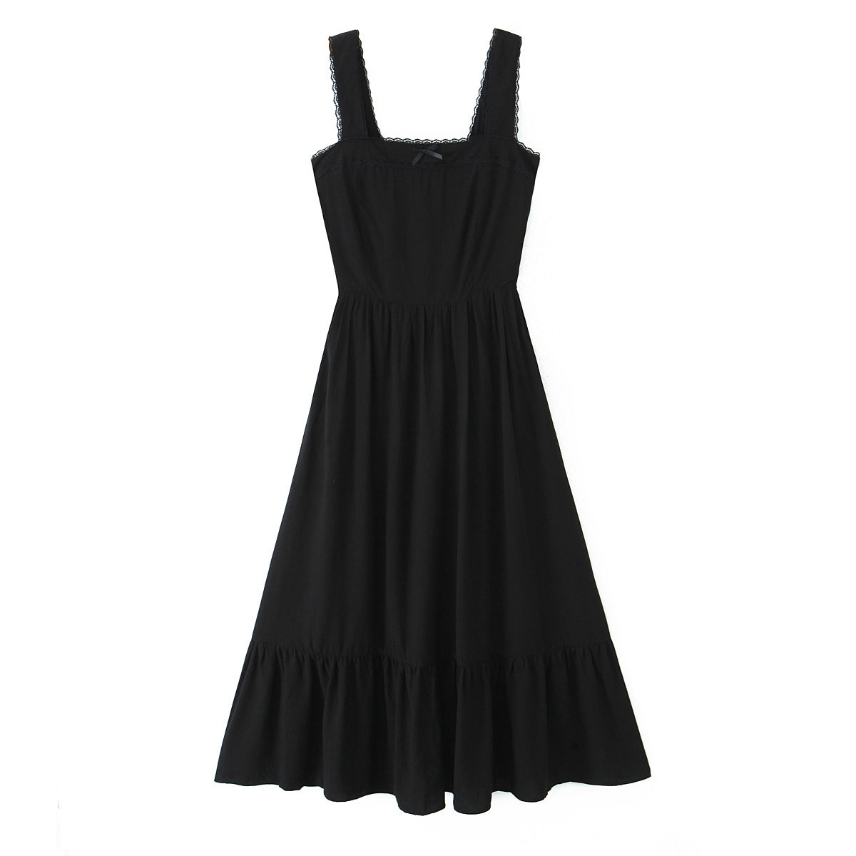 Spring Solid Color Square Collar Bow Embellished Lace Strap Dress by Ragazza