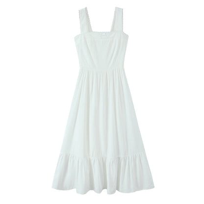Spring Solid Color Square Collar Bow Embellished Lace Strap Dress by Ragazza