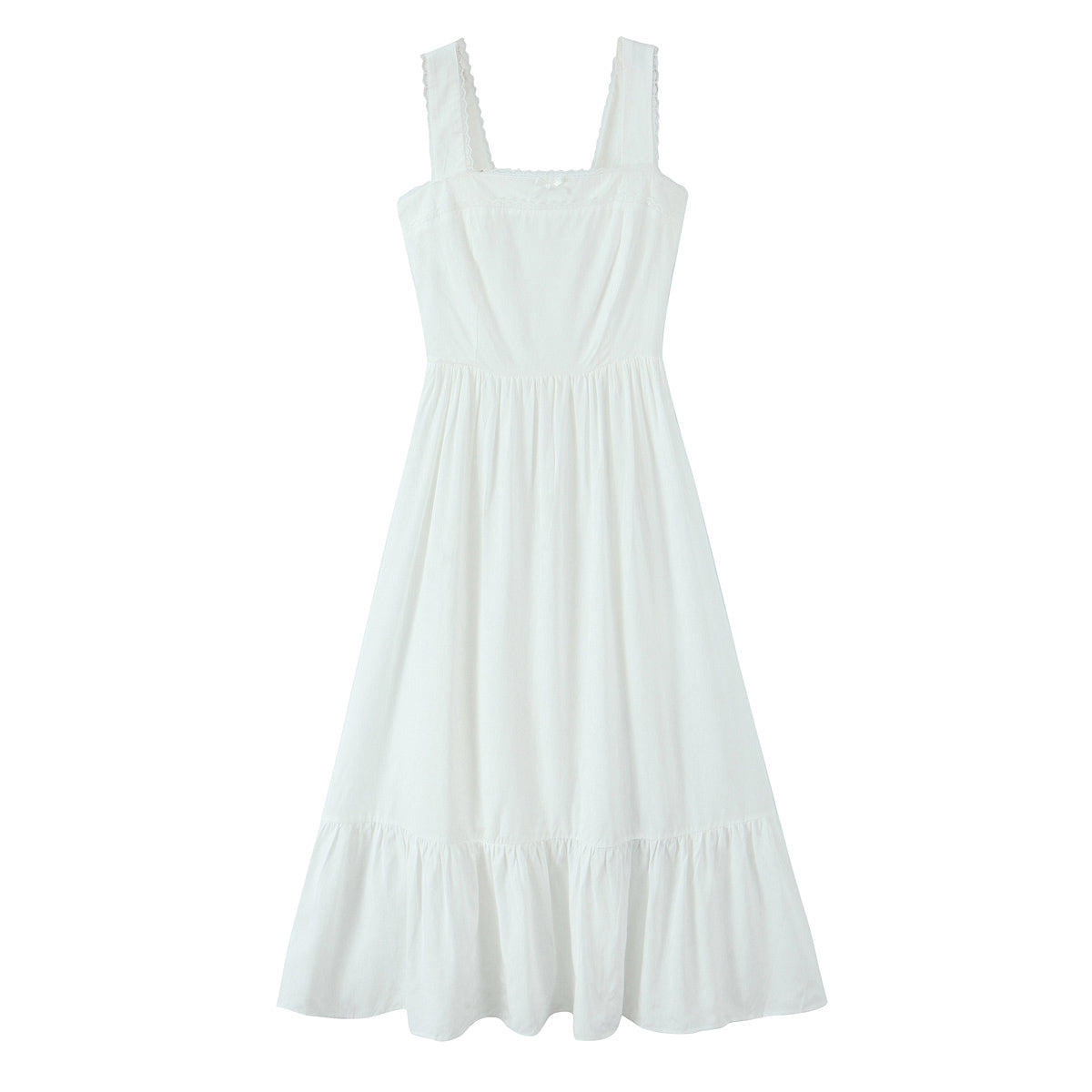 Spring Solid Color Square Collar Bow Embellished Lace Strap Dress by Ragazza