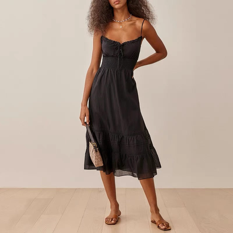 Spring Vintage Sexy Elastic Waisted Slimming Lace Fairy Spaghetti Strap Dress by Ragazza