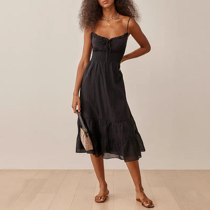 Spring Vintage Sexy Elastic Waisted Slimming Lace Fairy Spaghetti Strap Dress by Ragazza