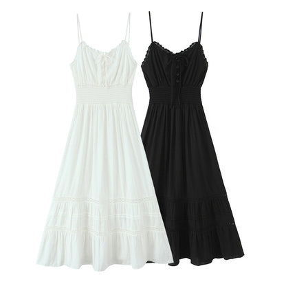Spring Vintage Sexy Elastic Waisted Slimming Lace Fairy Spaghetti Strap Dress by Ragazza