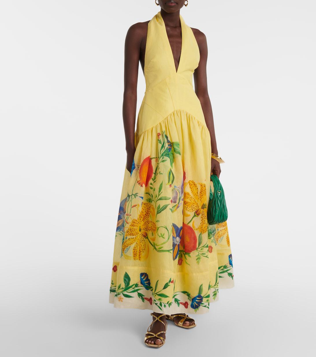 Summer Printing Halter Backless Large Swing Deep V Plunge neck Linen Dress Women by Ragazza