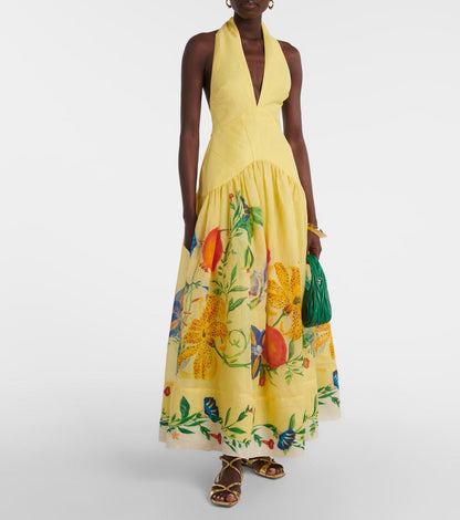 Summer Printing Halter Backless Large Swing Deep V Plunge neck Linen Dress Women by Ragazza
